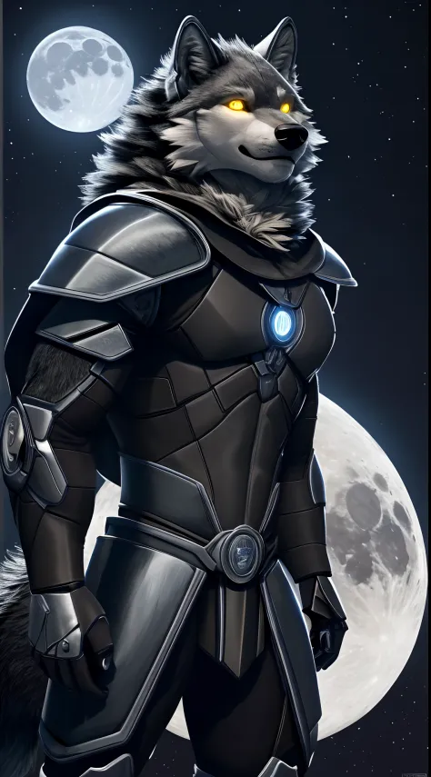 (best quality,highres,ultra-detailed),a wolf standing, a full moon in the background, wearing a Cyborg armor,moonlight,metallic armor, detailed wolf fur,sharp focus, dark background,Cyborg, glowing eyes,night scenery