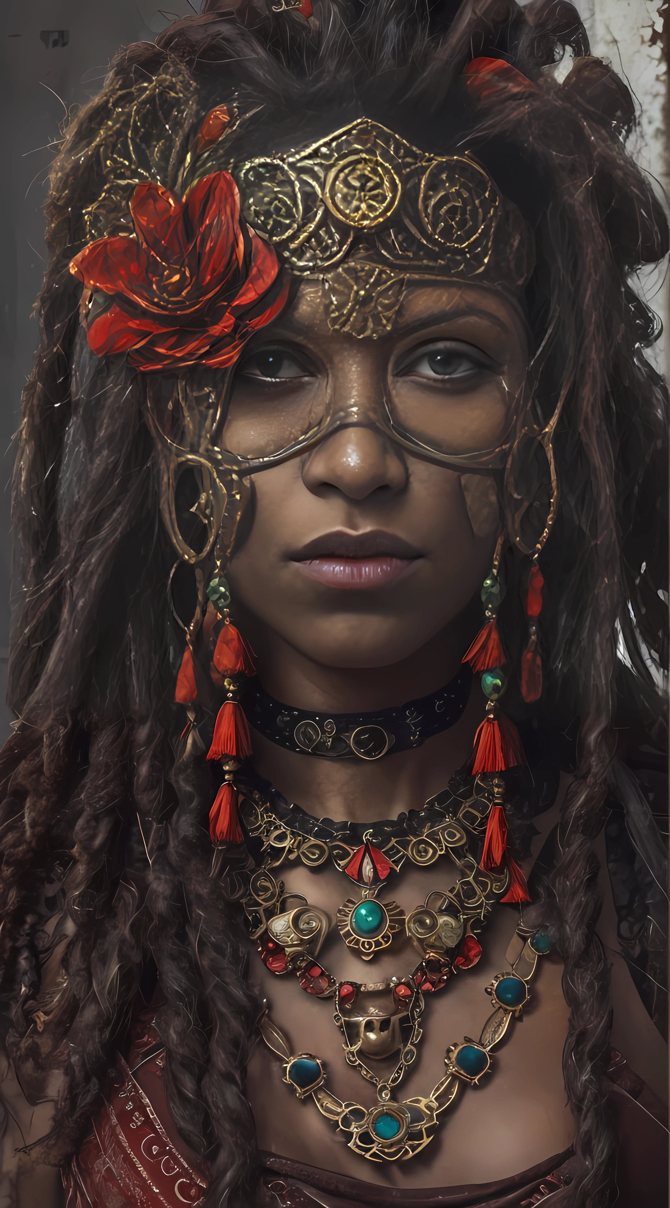 guerrera de la tribu con antigua máscara gótica de steampunk, pinturas rojas en la cara, black mask, pequeñas joyas de flores doradas alrededor de su cuello y rastas, grandes detalles, aspecto cinematográfico, 8k, HDR