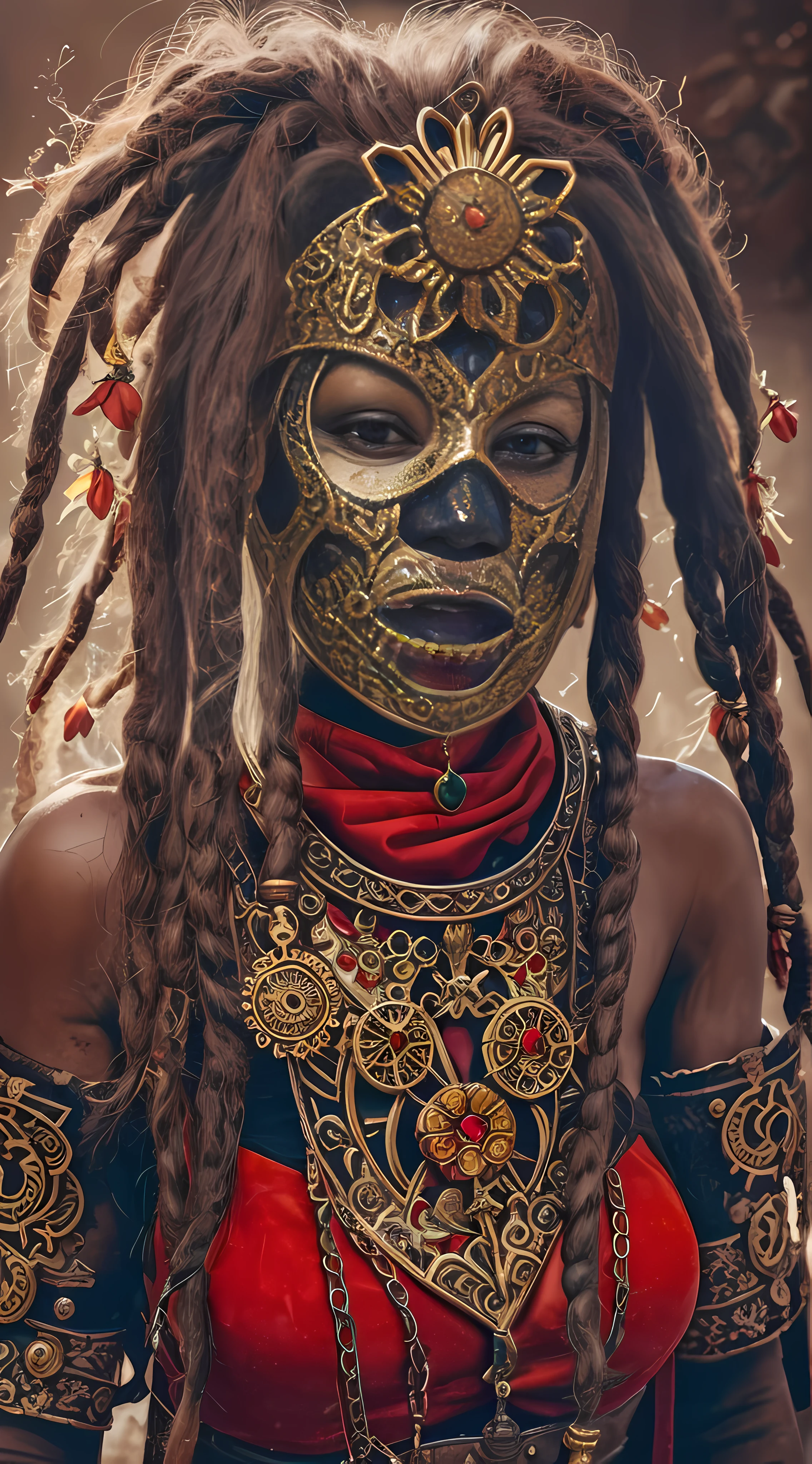 weibliche Stammeskriegerin mit antiker gotischer Steampunk-Maske, rote Malereien auf dem Gesicht, schwarze Maske, kleiner goldener Blumenschmuck um den Hals und die Dreadlocks, tolle Details, Kino-Look, 8k, HDR