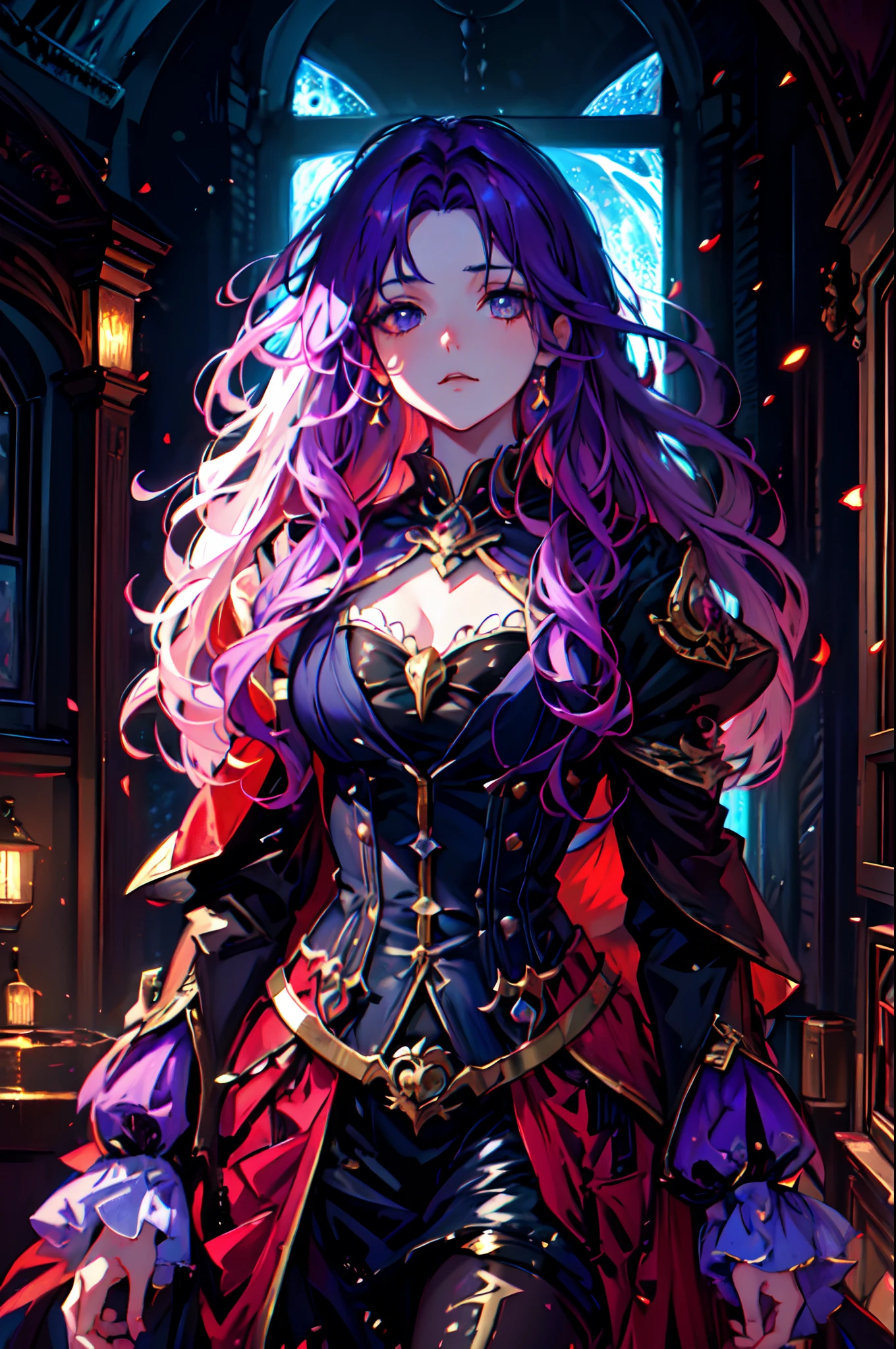 Lunar angelically Goddness, Girl, colorful fantasy, Anime art, long hair, jacket purple, angelicaly victorian clothes, Dark Fantasy. Character desing, gothic, spectrally. HDR.