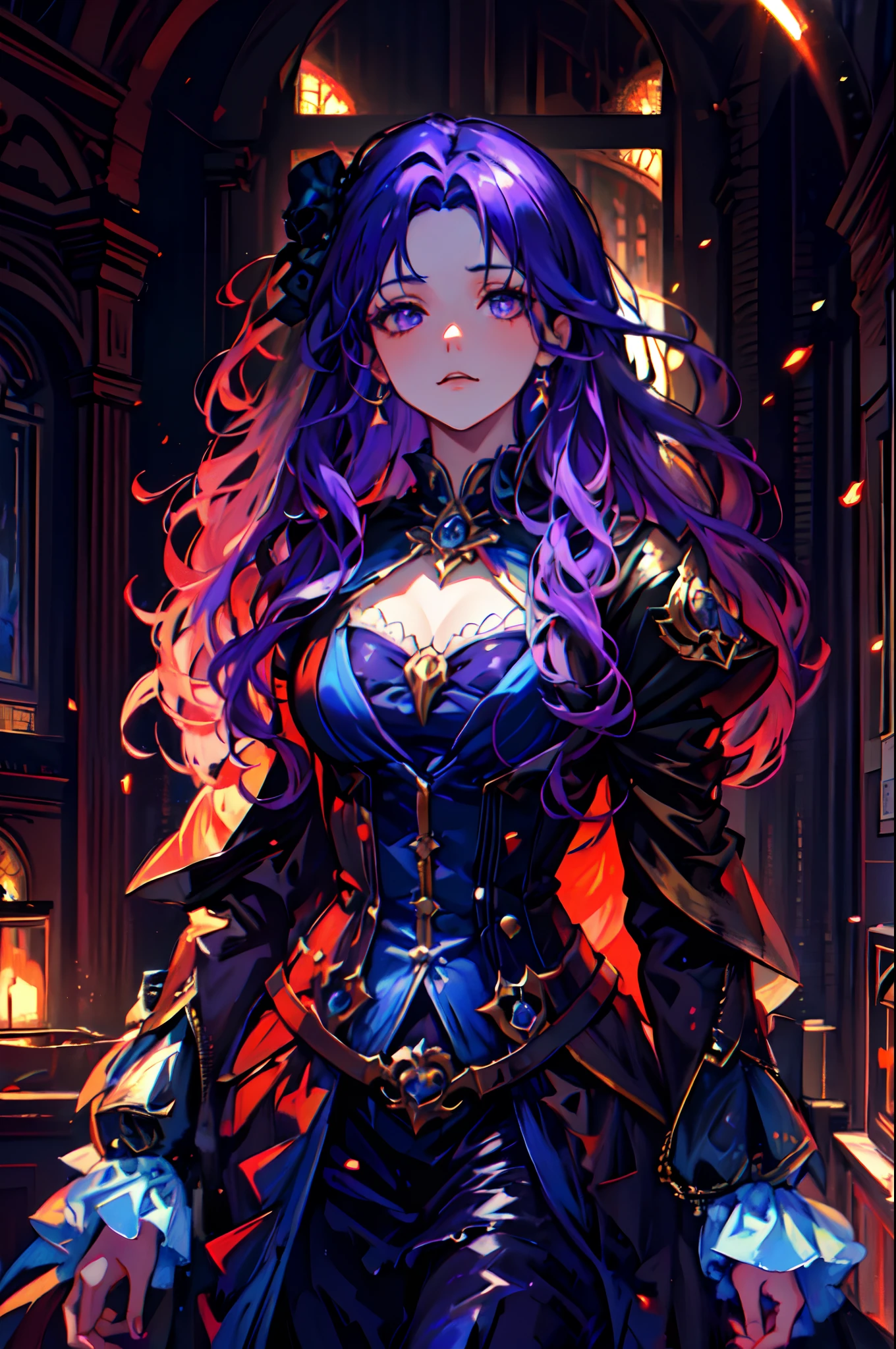 Lunar angelically Goddness, Girl, colorful fantasy, Anime art, long hair, jacket purple, angelicaly victorian clothes, Dark Fantasy. Character desing, gothic, spectrally. HDR.