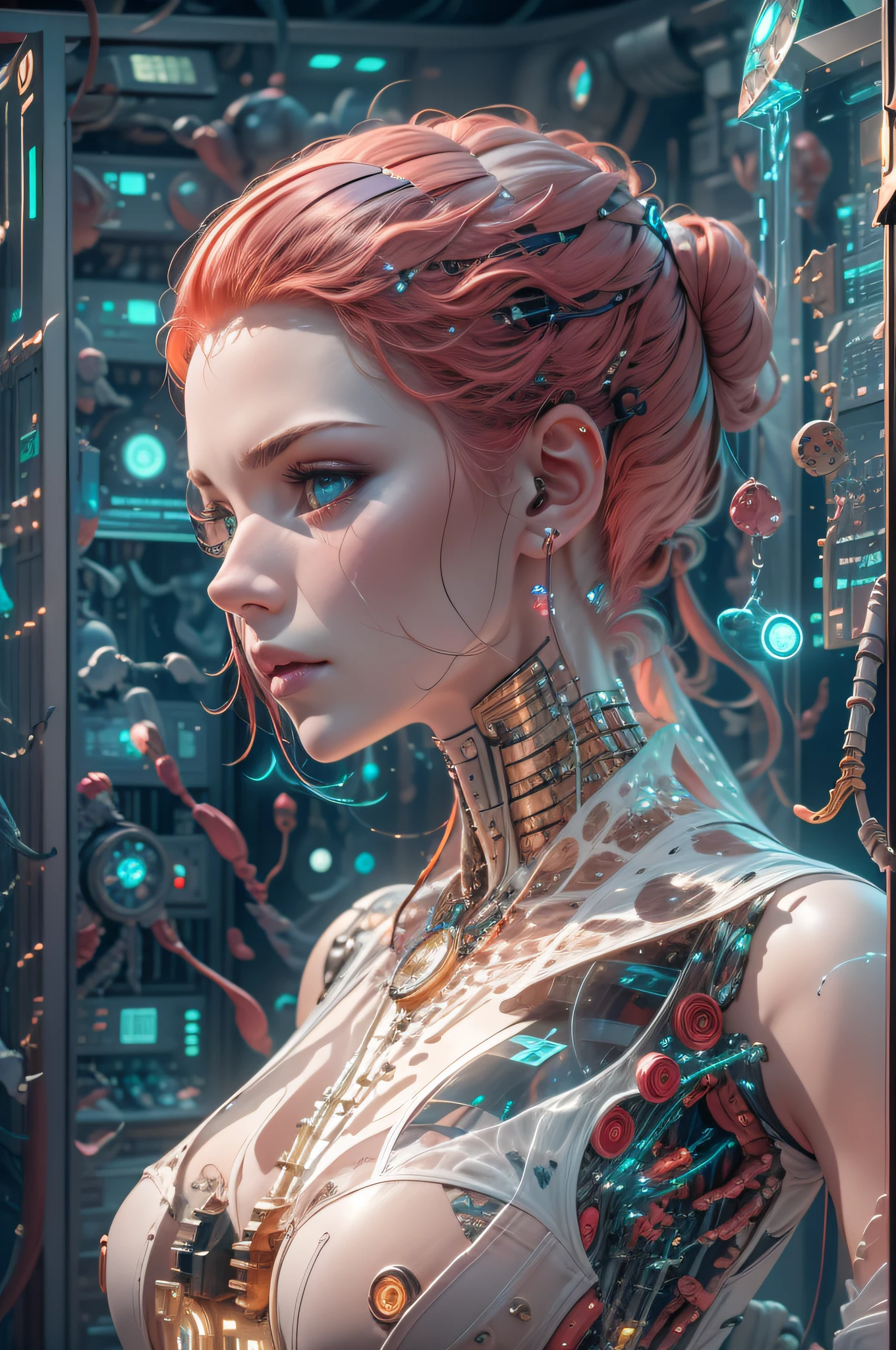 highly detailed image of a biomechanical girl with a beautiful face, crimson hair. Her transparent glass and white porcelain skin reveals a network of intricate metals that form a stunning skeletal structure, catching the soft bioluminescent pink glow from beneath. Inside the futuristic lab room, complex electronic circuits, chips, and system-on-a-chip (SoC) components pulse with light, creating a symphony of high-tech wonder