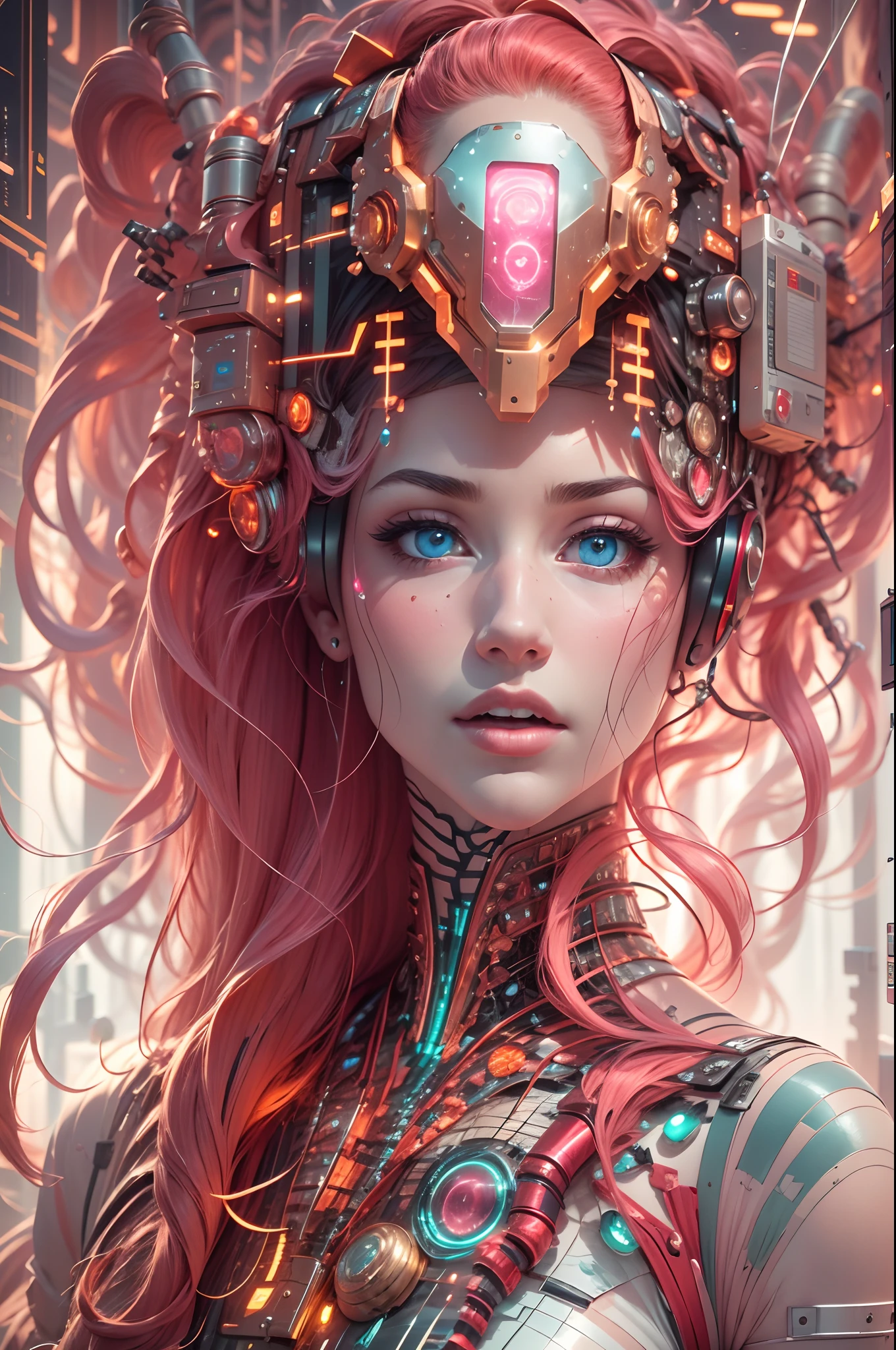 highly detailed image of a biomechanical girl with a beautiful face, crimson hair. Her transparent glass and white porcelain skin reveals a network of intricate metals that form a stunning skeletal structure, catching the soft bioluminescent pink glow from beneath. Inside the futuristic lab room, complex electronic circuits, chips, and system-on-a-chip (SoC) components pulse with light, creating a symphony of high-tech wonder