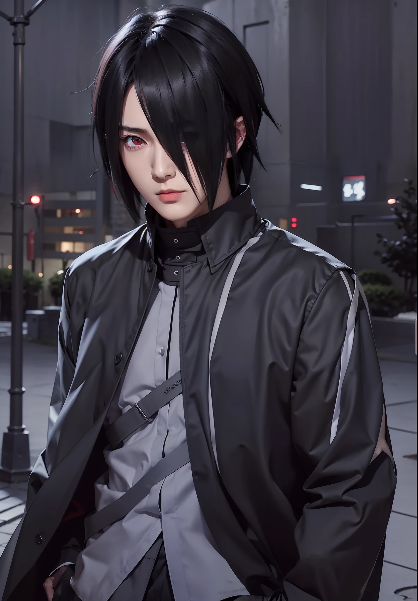 1man, uchiha sasuke in anime naruto, short hair , black hair, red eyes, handsome, black clothes, realistic clothes, detail clothes, outdoor background, ultra detail, realistic