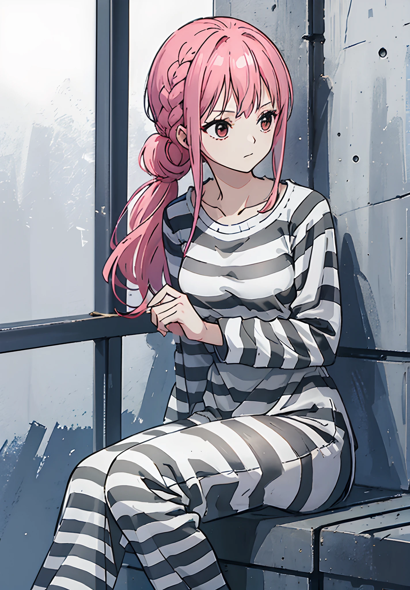 a girl, in prison, sitting in a prison, in a prison cell, prisoner, detailed fanart, jail, (((priclothes))), (((striped clothes))), shirt, outfit, (long sleeves), prisoner, clothes, clothing, pants, black and white stripes, anime,