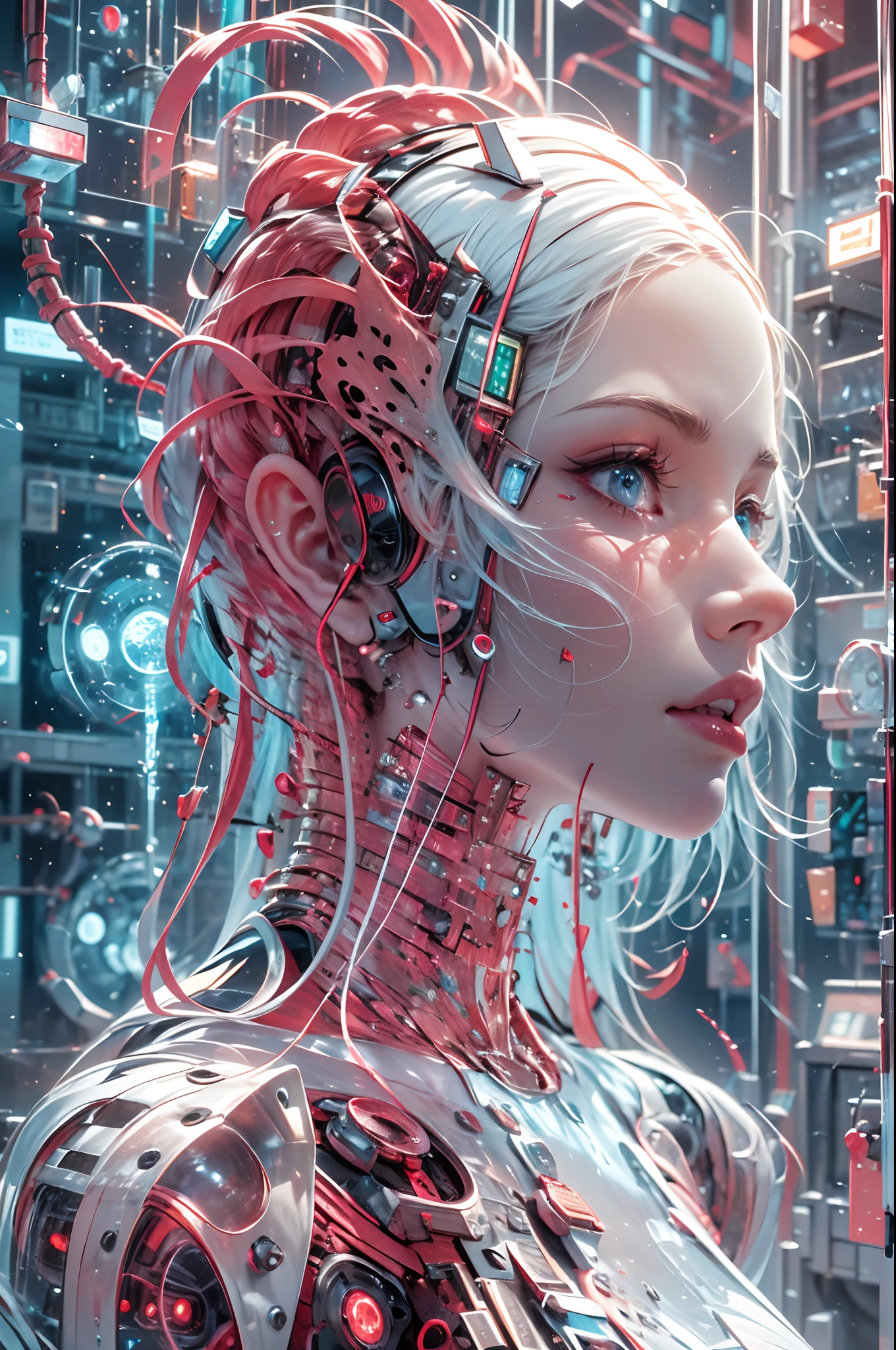 cyber beauty, highly detailed image of a biomechanical girl with a beautiful face, crimson hair. Her transparent glass and white porcelain skin reveals a network of intricate metals that form a stunning skeletal structure, catching the soft bioluminescent pink glow from beneath. Inside the futuristic lab room, complex electronic circuits, chips, and system-on-a-chip (SoC) components pulse with light, creating a symphony of high-tech wonder, creative, beautiful and aesthetic, high_res