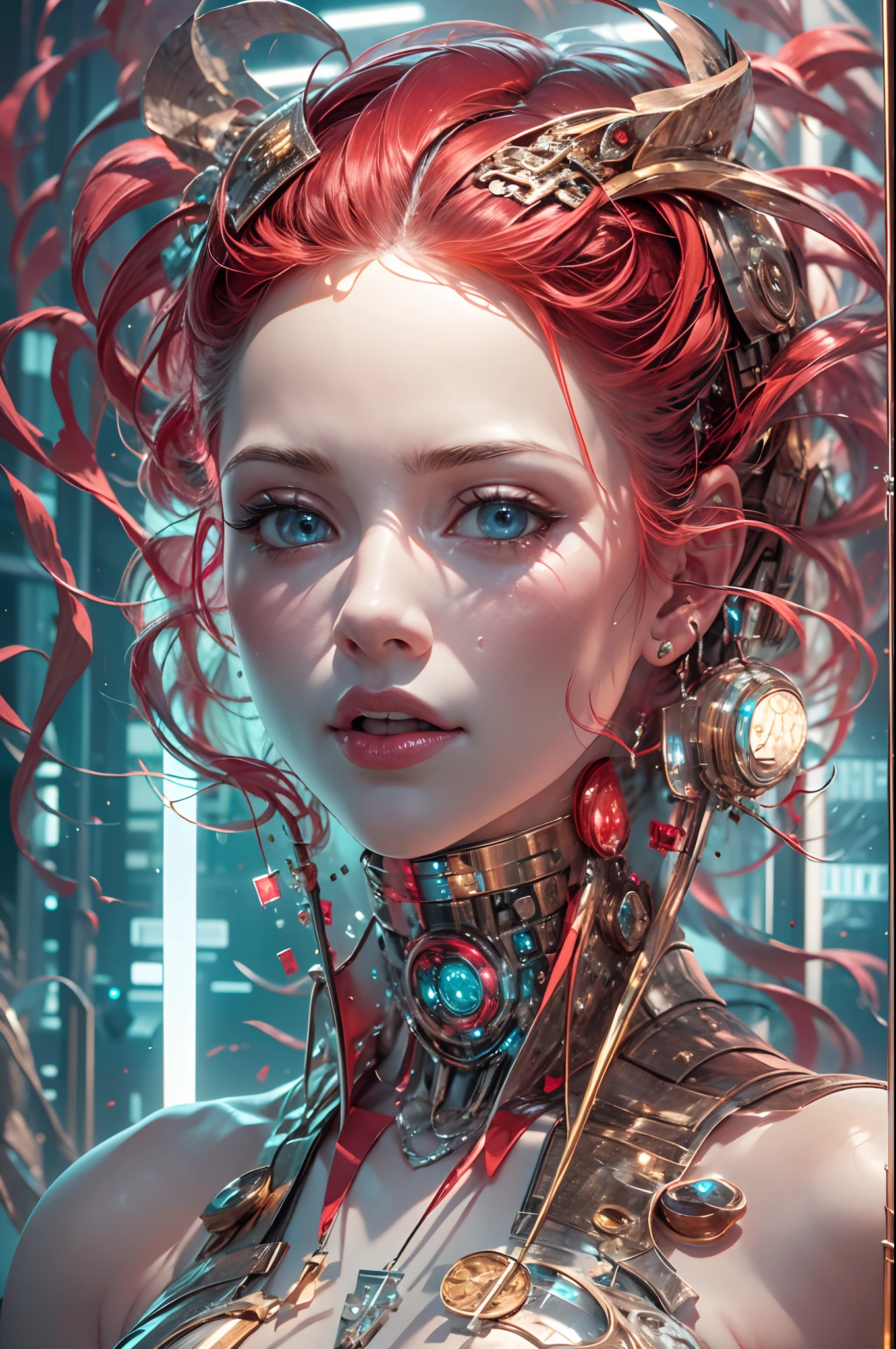 cyber beauty, highly detailed image of a biomechanical girl with a beautiful face, crimson hair. Her transparent glass and white porcelain skin reveals a network of intricate metals that form a stunning skeletal structure, catching the soft bioluminescent pink glow from beneath. Inside the futuristic lab room, complex electronic circuits, chips, and system-on-a-chip (SoC) components pulse with light, creating a symphony of high-tech wonder, creative, beautiful and aesthetic, high_res