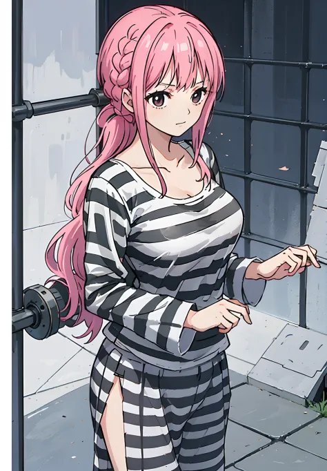 a girl, in prison, in a prison cell, prisoner, detailed fanart, jail, (((priclothes))), (((striped clothes))), shirt, outfit, (long sleeves), prisoner, clothes, clothing, pants, black and white stripes, anime,
