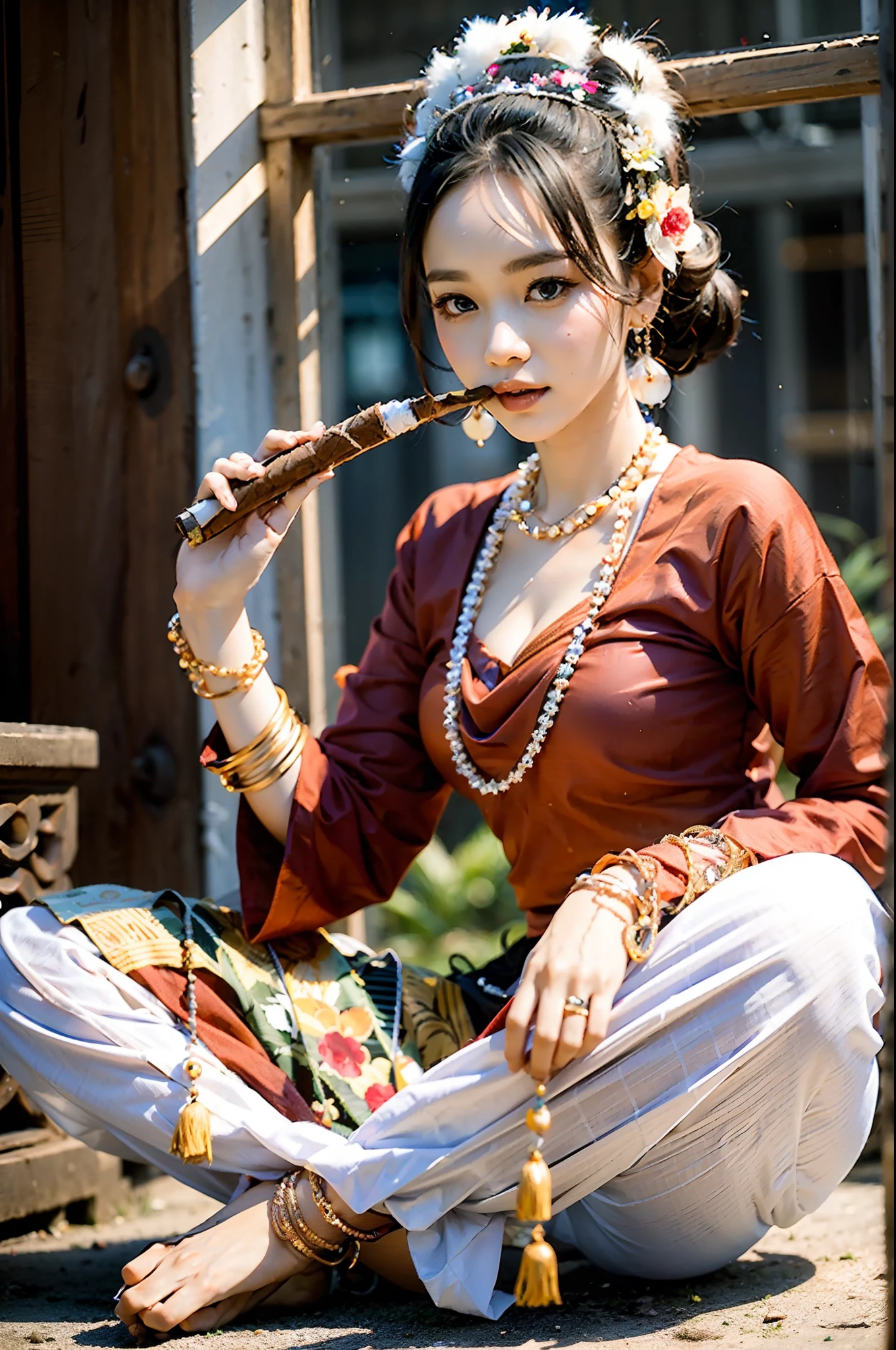 MMTD BURMESE PATTERNED TRADITIONAL DRESS WEAR BEAUTIFUL LADY, WEAR PEARL NECKLACES AND GOLD BRACELETS, HOLDING A CHEROOT CIGAR ,FULL BODY DETAILS BEAUTY