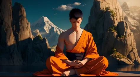 Japanese monk sits cross-legged in an patch of mountain with his eyes closed in deep meditation wearing a orange cloth,black hai...