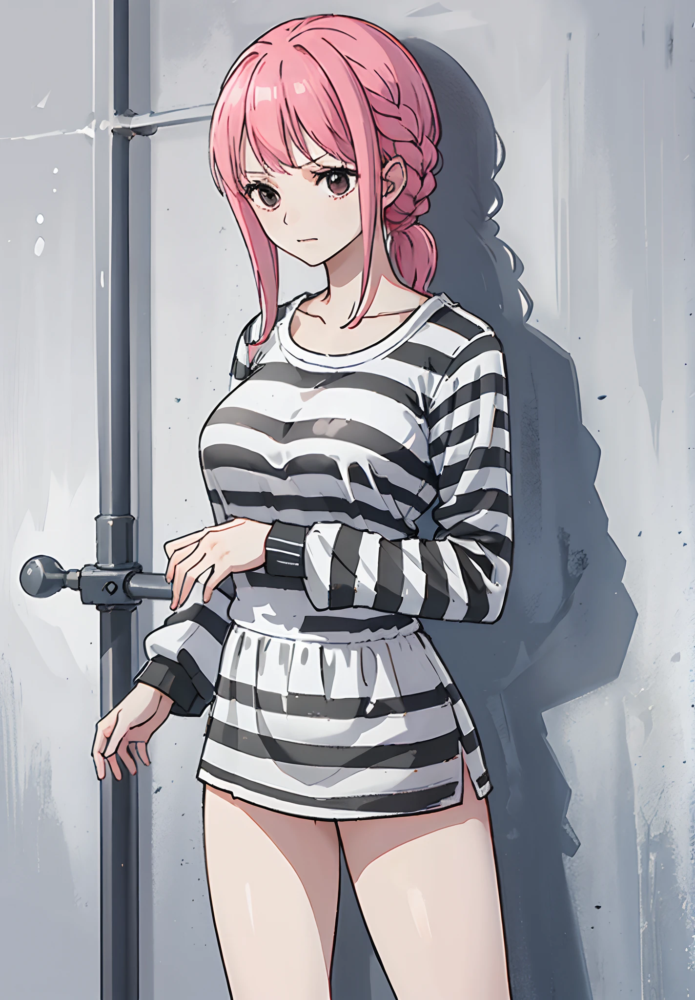 女の子, 刑務所で, 刑務所の独房で, 囚人, 詳細なファンアート, 刑務所, (((pri服))), (((striped 服))), シャツ, 衣装, (長袖), 囚人, 服, 衣類, 黒と白のストライプ, アニメ,上半身, 腕を組んで, ズボンがない, 裸足, 長い脚