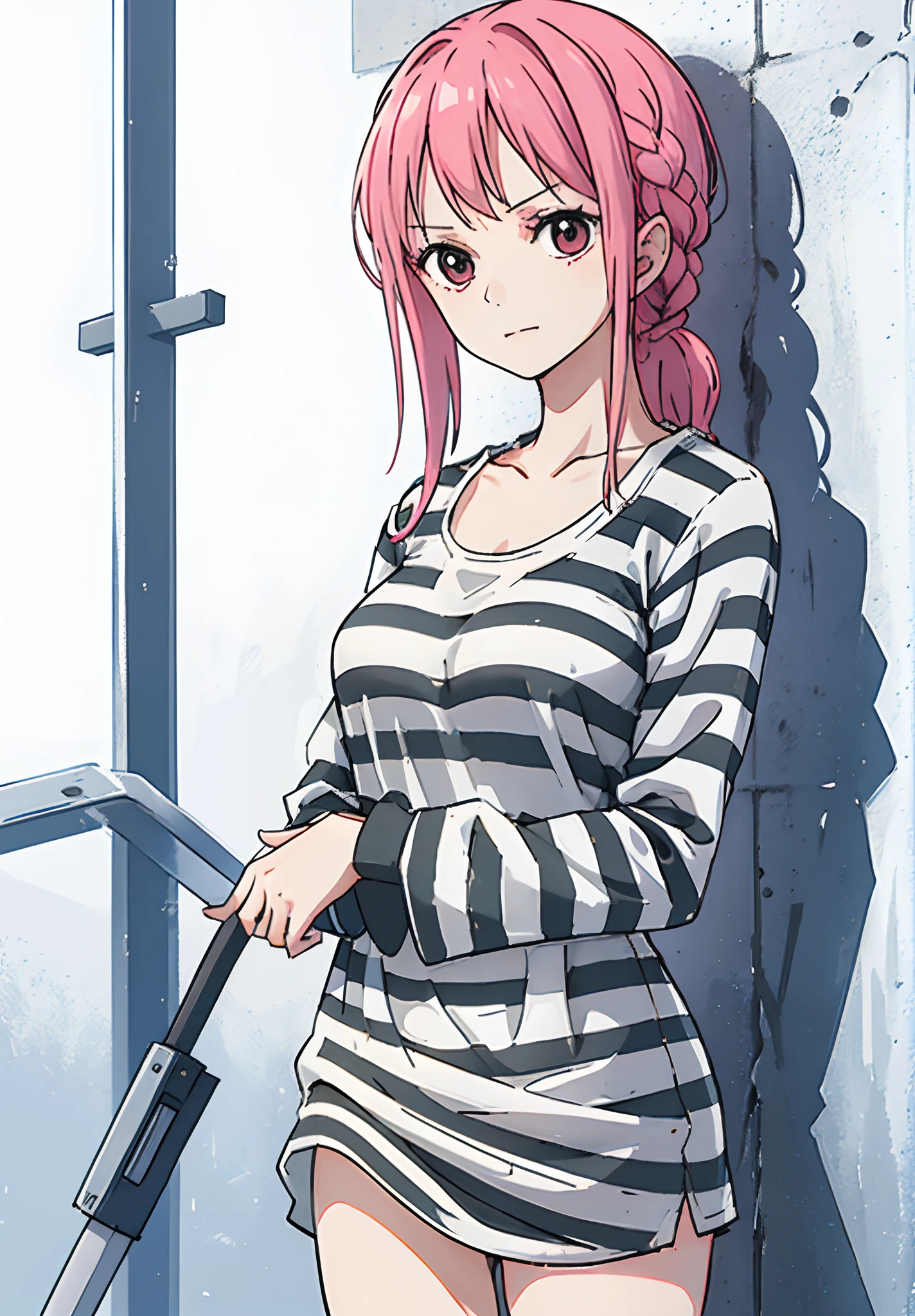 a girl, in prison, in a prison cell, prisoner, detailed fanart, jail, (((priclothes))), (((striped clothes))), shirt, outfit, (long sleeves), prisoner, clothes, clothing, black and white stripes, anime,upper body, arms crossed, no pants, bare legs, long legs