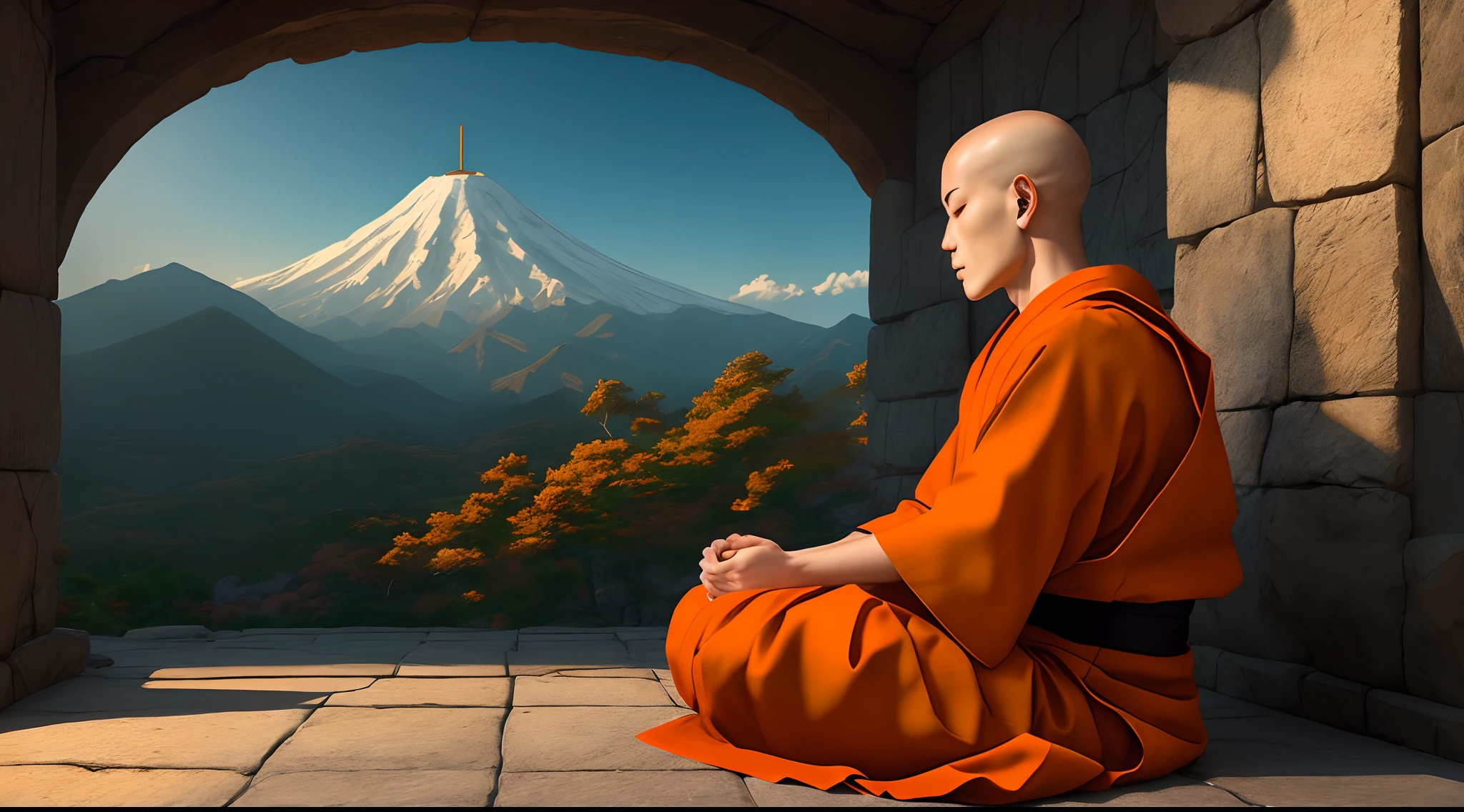 Japanese monk sits cross-legged in an patch of mountain with his eyes closed in deep meditation wearing a orange cloth,black hair his stoic expression remains unbroken, (extremely detailed CG), ((Realistic Shadows:1.2)), ((Realistic Lighting:1.1)), [Highest quality], (8K:1.1), ultra-detailed, ((perfect shadows)), best illumination, best shading, (masterpiece), (best quality:1.0), (ultra highres:1.0), well drawn body, (subject in focal point)