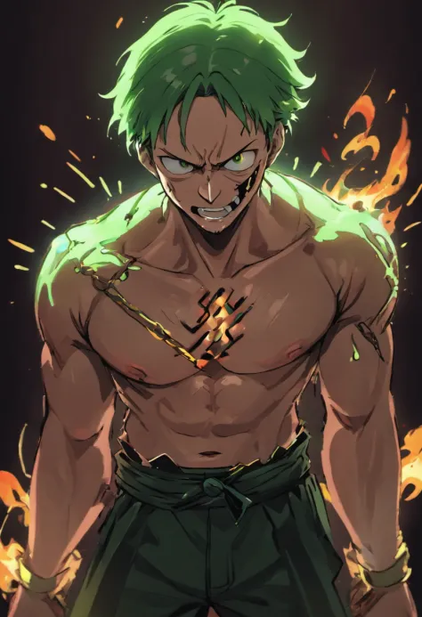 Design a gripping poster featuring zoro from "One Piece" in a fit of rage. Capture the essence of his burning determination and unyielding spirit as he unleashes his wrath upon his enemies. Keep it short, bold, and intense to convey the raw power of zoro's...