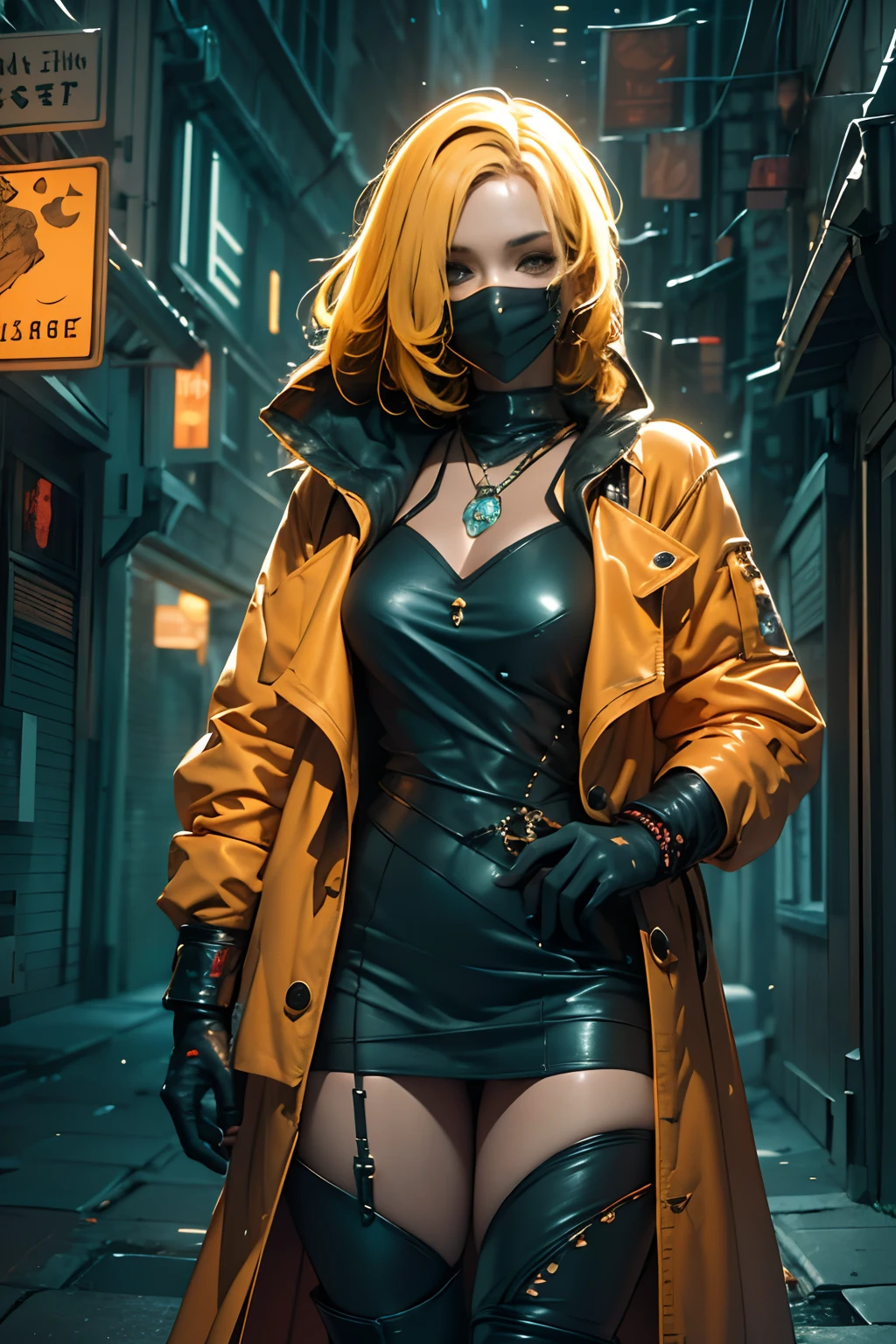 the night，A woman who is，Short lemon yellow hair，Wear a mask，Deep purple hood，Black bandeau，There is a wound on the shoulder，The lower body is covered by the hood，Wearing dark purple boots，In a cyberpunk-style night alley