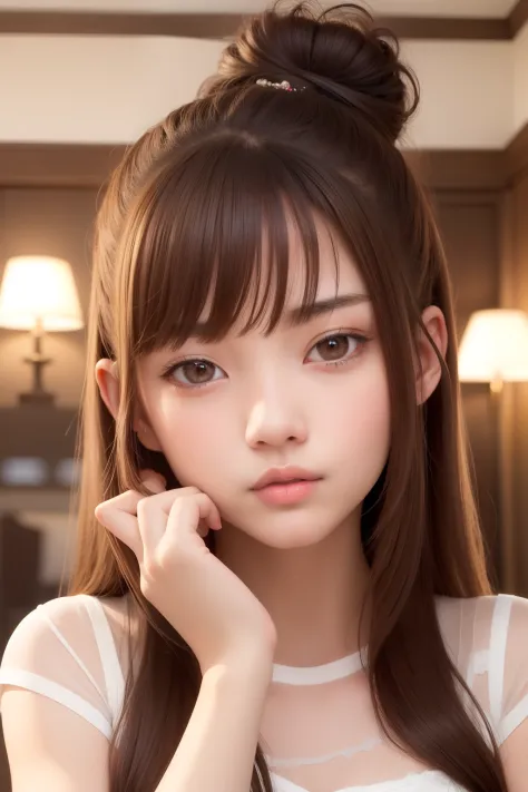 top-quality、​masterpiece、(Realism:1.2)、女の子 1 人、brown haired、brown-eyed、frontage、A detailed face、beautidful eyes、infp young woman　asian human　kawaii faces　Beautiful eyes　You have long hair in a bun　Relax in your room　Imagen