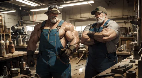 muscular old man, mechanical worker, detailed face, strong arms and hands, oil-covered overalls, worn-out tools, greasy machiner...