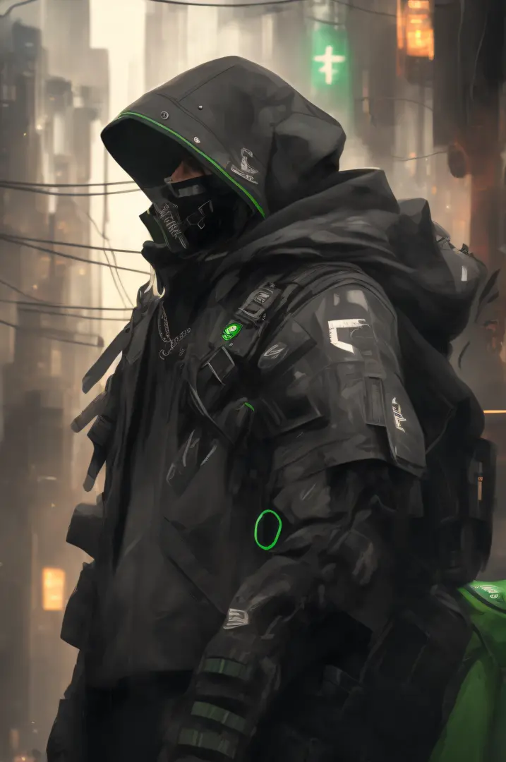 there is a man in a black and green outfit with a backpack, cyberpunk streetwear, cyberpunk suit, cyberpunk street goon, cyberpunk wearing, cyberpunk techwear, muted cyberpunk style, has cyberpunk style, style of cyberpunk, wearing cyberpunk streetwear, cy...