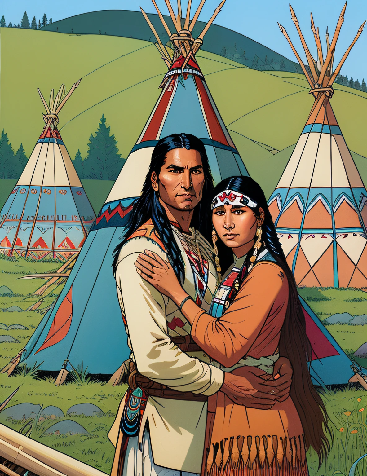 arafed native american couple hugging near teepees in a field, : native american shamen fantasy, published art, phil noto and rebecca guay, ( art fitzpatrick ), full color illustration, jen bartel, native american, by Joe Mangrum, native american art, by Jason Benjamin, by Craig Thompson, by Juan O'Gorman