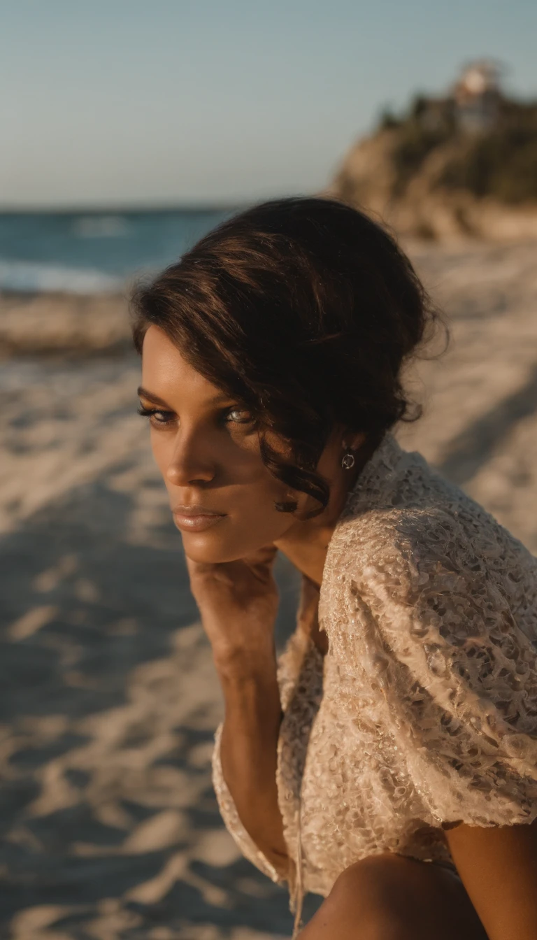 Arafed woman sitting on the beach looking at the camera - SeaArt AI