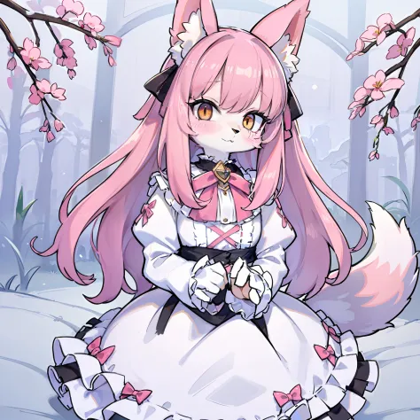 chiquita、Beastman、kawaii、lolita、Image colors of pink and white、Fox ears、Fox tail、Clothing with a lot of frills、skirt by the、Many ribbons、kawaii、lolita、chiquita、Beastman、length hair、Lowered hair、Clothes with a lot of frills、Image colors of pink and white、ye...