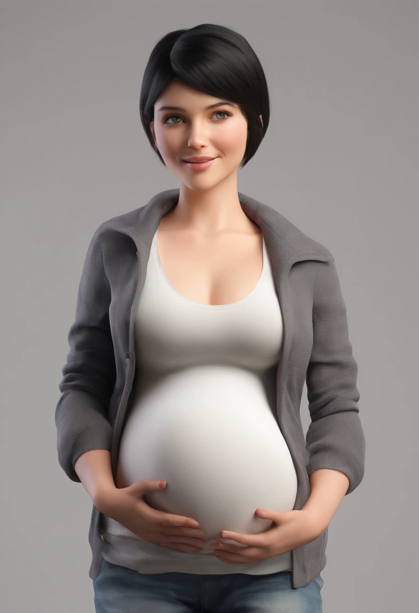 Pregnant woman in a gray jacket and jeans holding her belly - SeaArt AI