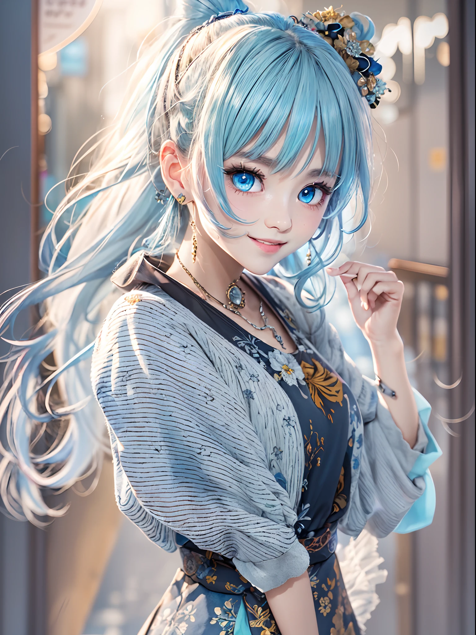 (masterpiece), (best quality), (ultra detailed),(disheveled hair),(illustration), (1girl), standing, smiling, beautiful detailed eyes, light blue eyes, detailed beautiful face, (kamisato ayaka: 1.2), focus on face,  ponytail, kamisato ayaka(genshin impact), light blue hair, detailed hair, bangs, best lighting, best shadow, highly detailed, vibrant