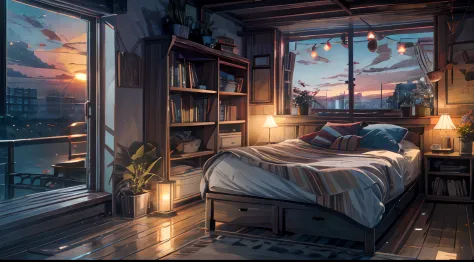 Sunset, wind up, river, room, many books,boho style, hanging lights, plants, fairy lights,flower posts bed,quill, floor lamp, ,cozy, leisure, chill, big window HD 8k, masterpiece, no human in this scenary