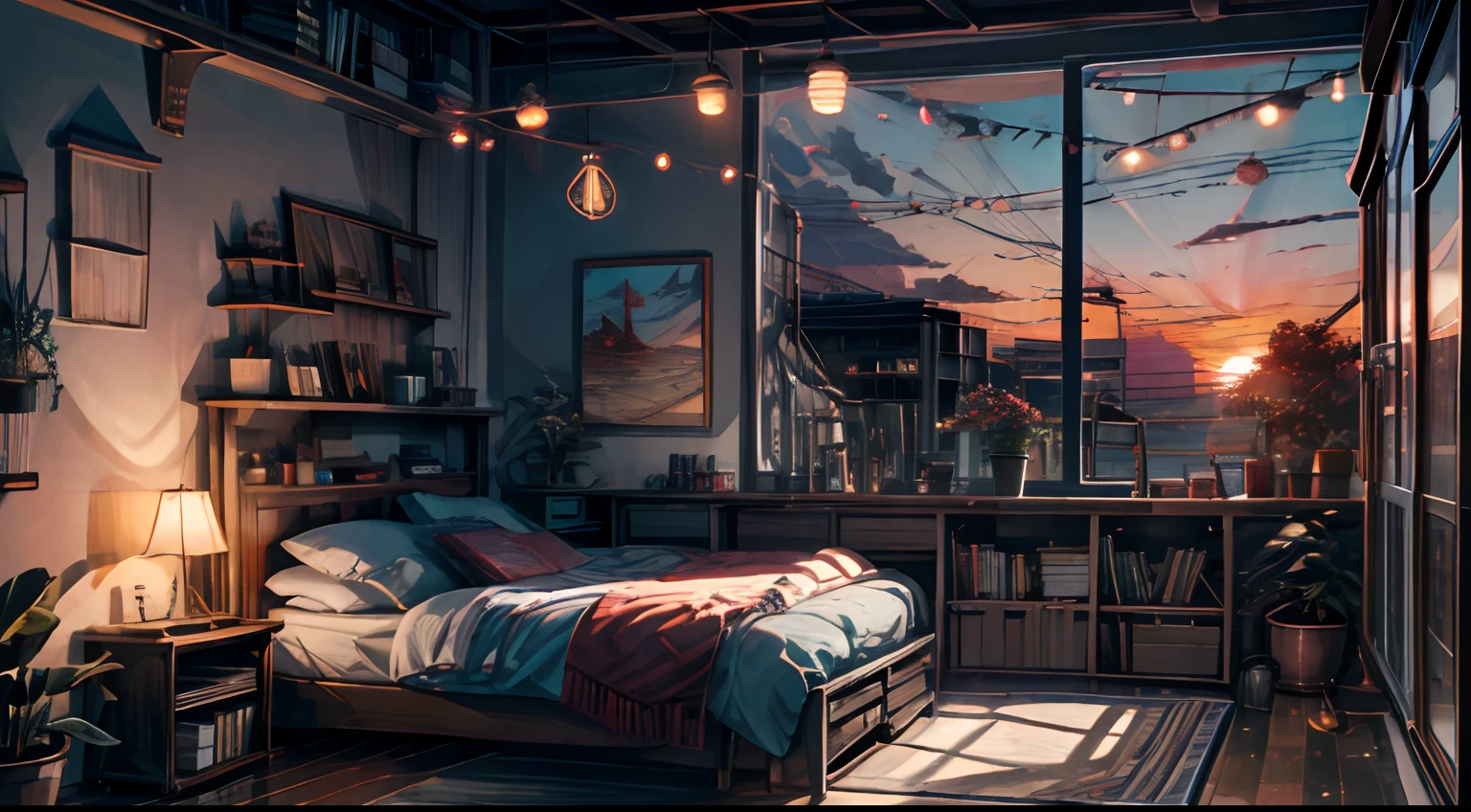 Sunset, wind up, river, room, many books,boho style, hanging lights, plants, fairy lights,flower posts bed,quill, floor lamp, ,cozy, leisure, chill, big window HD 8k, masterpiece, no human in this scenary