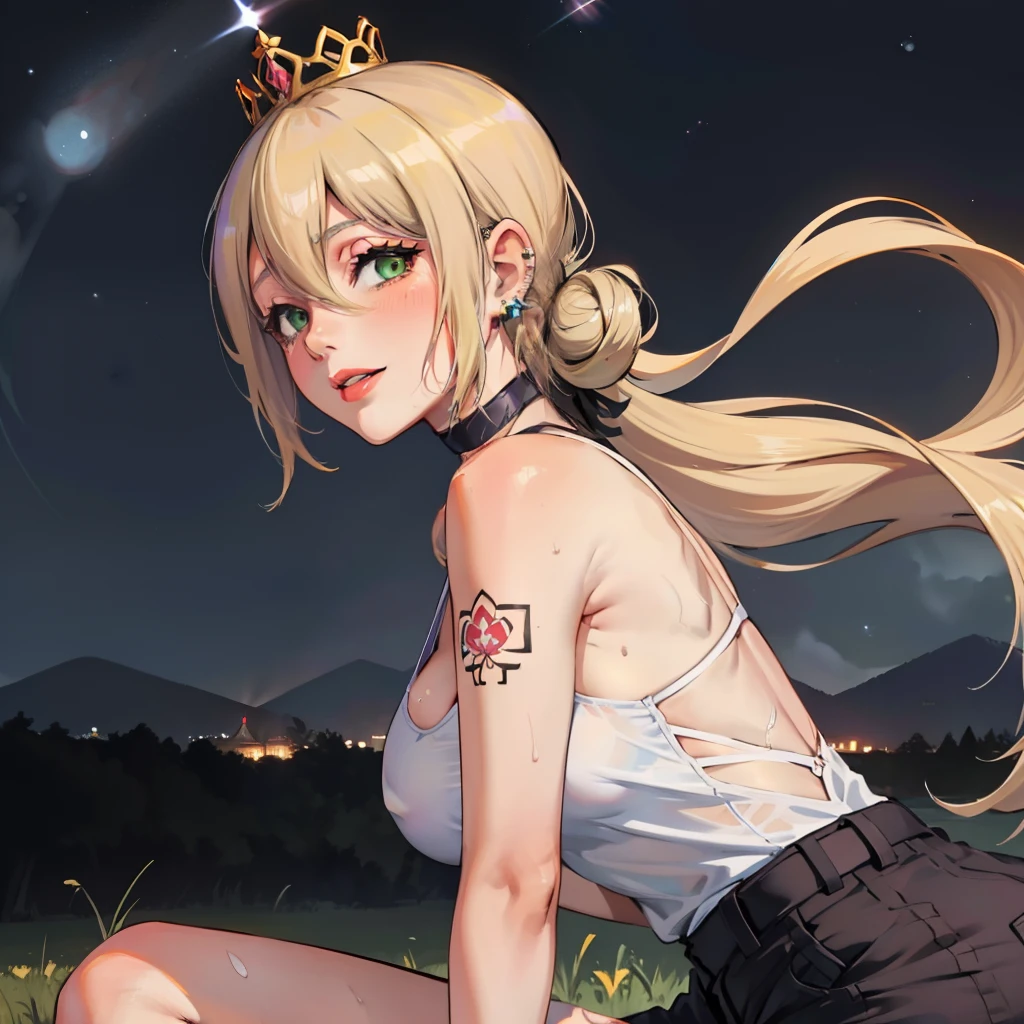 A princess wearing white thin see through frock with a small crown on her head sitting on the meadow at night staring at the starry sky, (half body shot) ( a meadow at nigh with starry sky:1.0), (highly detailed background:1.0), (Masterpiece), High Quality, 1girl, woman,  irezumi, depth of field, dynamic lighting, high quality shadows, blonde hair, ear piercings, perfect face, green eyes,, close up view from side, big breast, big ass,sexy curvy teen body,sweaty