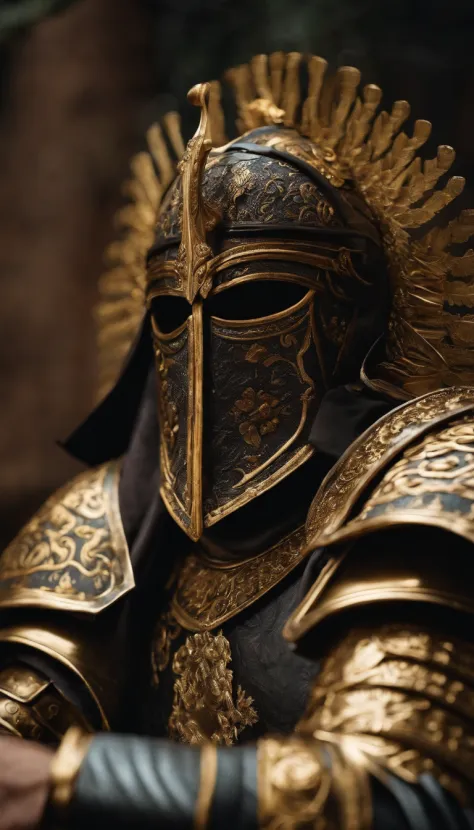 Guerrero espartano, peleando , Impresionante armadura, Armadura de oro negro, epopeya, 8k