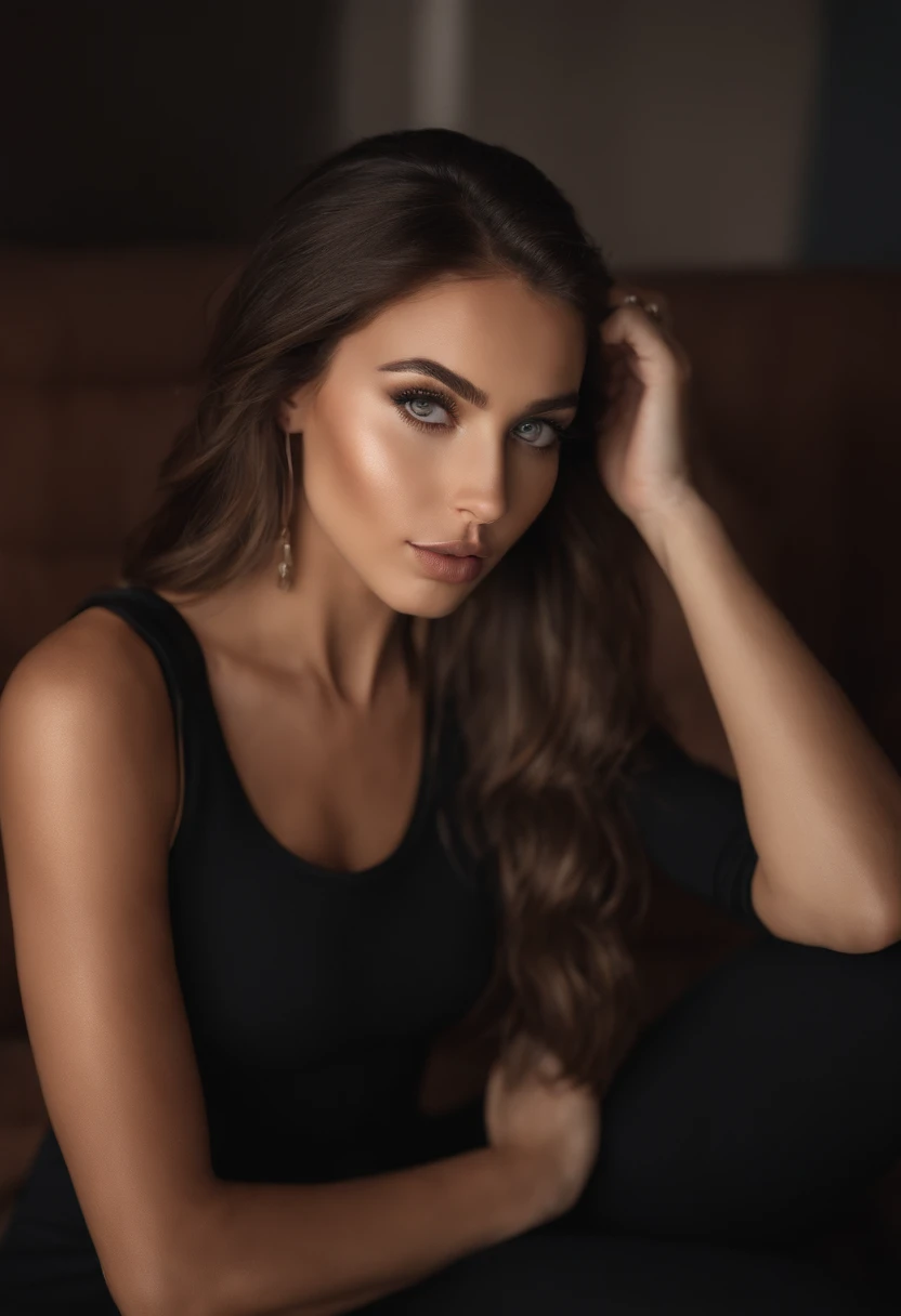 A woman sitting on a couch with long hair and a black top - SeaArt AI