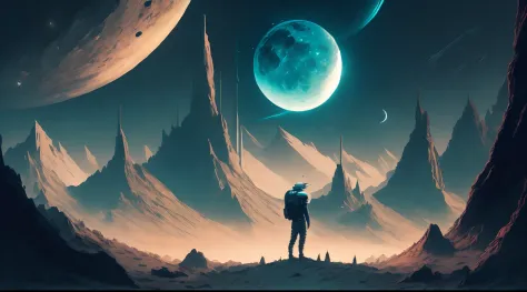 a man with a cap, standing in front of an alien landscape of mountains, rocks and the moon, christopher baraskas, with a split d...