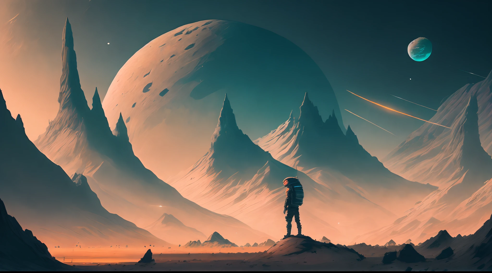 A man with a cap, standing in front of an alien landscape of mountains, rocks and the moon, Christopher Baraskas, with a split door in the sky