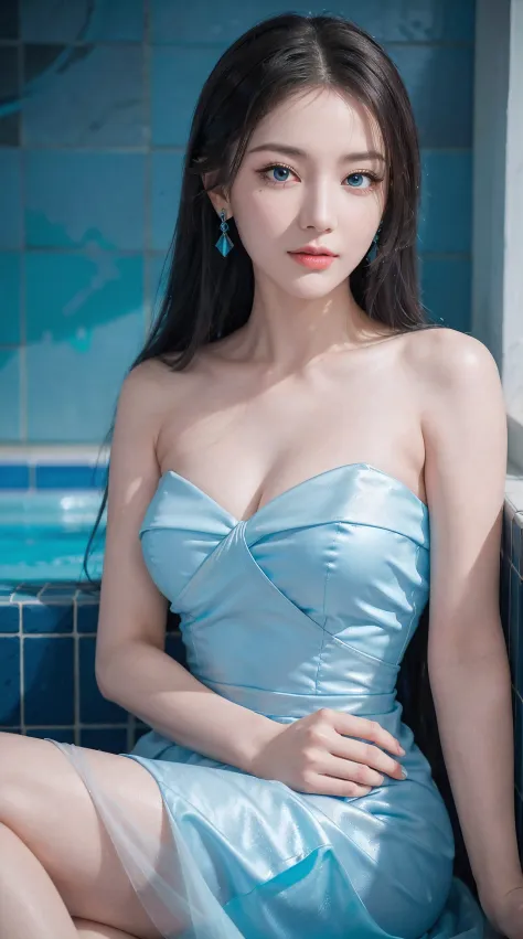 CG unity ((extreme) detail 8k wallpaper, masterpiece, best quality:1.2), High detail, Best image quality, (a woman with gray hair in a blue dress sitting on a blue tiled pool, turqouise, luxury dress, tiffany style, stunning elegant pose, sky - blue dress,...