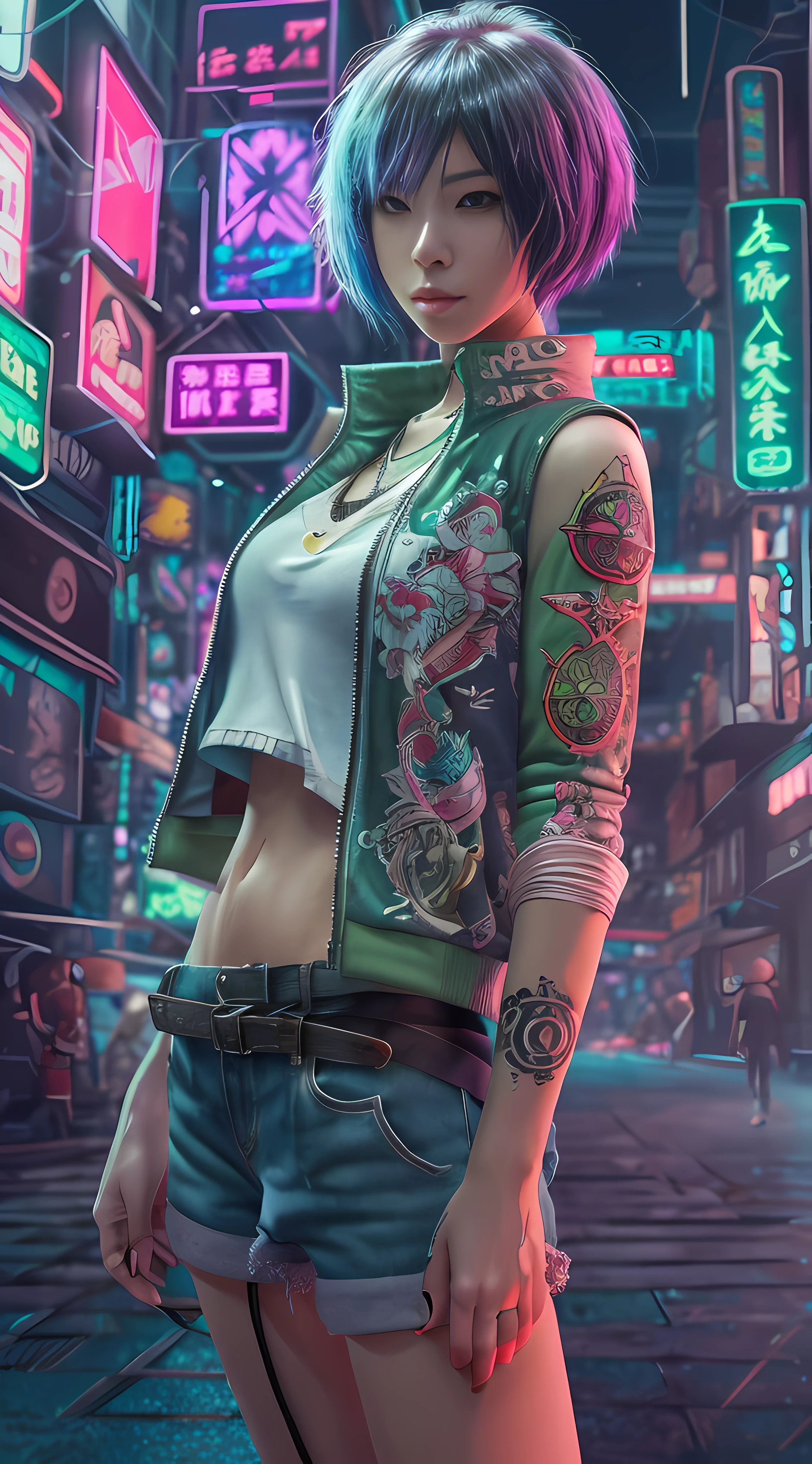 "Artistic Image, The center of this scene is full body portrait a young very beautiful Japanese girl 19 years old is a hacker full length . With a short haircut. Cyber-implants on the face and hands. Cyberpunk tattoos on the neck and arms. In denim shorts. Short boots. Fishnet stockings. In a colorful top with the emblem of a rock band. In a loose light green jacket. Stands full length in the middle of a dirty shirt in a cyberpank city street. Drawing inspiration from Masamune Shirow, the illustration features sharp focus, smooth transitions, and an underlying watercolor aesthetic. The environment is filled with digital screens and neon lights, adding to the cyberpunk atmosphere.", 35mm, Medium Shot, Studio Lighting, Highly Detailed, Octane Render, ultra hd, realistic, vivid colors, highly detailed, UHD drawing, pen and ink, perfect composition, beautiful detailed intricate insanely detailed octane render trending on artstation, 8k artistic photography, photorealistic concept art, soft natural volumetric cinematic perfect light