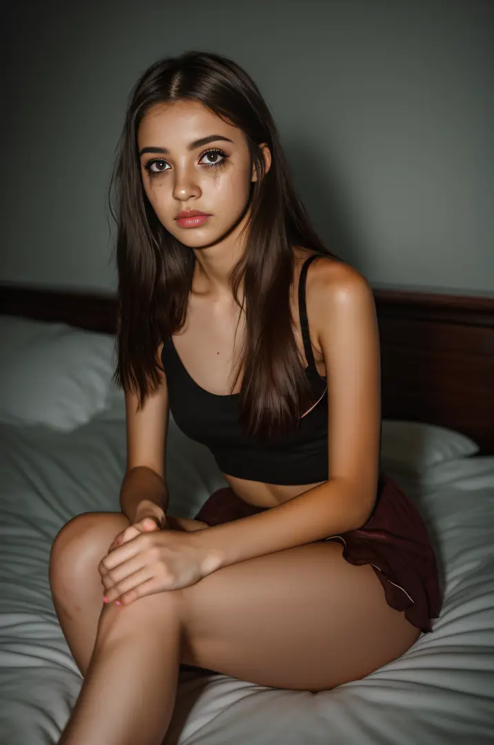 (realistic, photo-realistic:1.37), (8k, RAW photo, best quality, masterpiece:1.1), (whole body, full body, legs crossed), 15 years old girl, young, teen, lolita, bad girl, baddie, eyeliner, mascara, tears, ruined makeup, messy brown hair, sexy look on the ...
