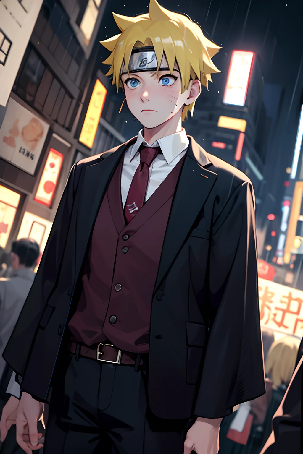 (masterpiece, best quality, detailed:1.1), yisang_limbus, default_outfit, 1boy, solo, red necktie, white shirt, collared shirt, black pants, black vest, black jacket, jacket on shoulders, outdoors, city, night, raining, crowd, dark, from below, ((dutch angle)), short yellow hair, blue eyes, Uzumaki Naruto