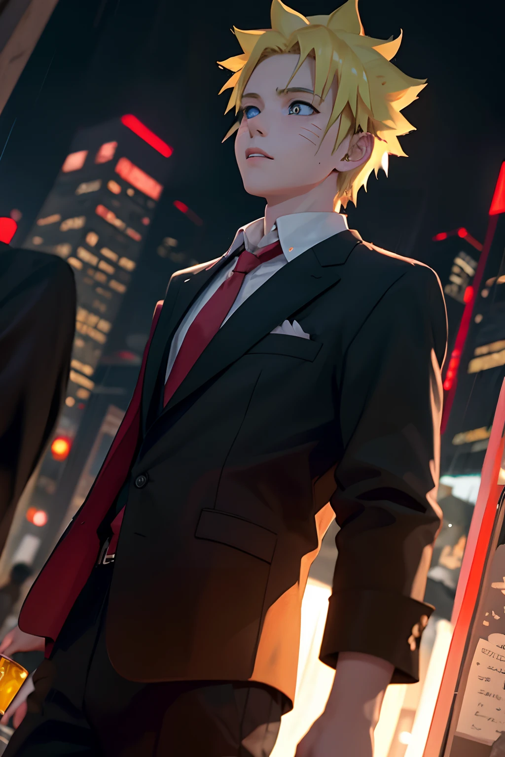 (masterpiece, best quality, detailed:1.1), yisang_limbus, default_outfit, 1boy, solo, red necktie, white shirt, collared shirt, black pants, black vest, black jacket, jacket on shoulders, outdoors, city, night, raining, crowd, dark, from below, ((dutch angle)), short yellow hair, blue eyes, Uzumaki Naruto