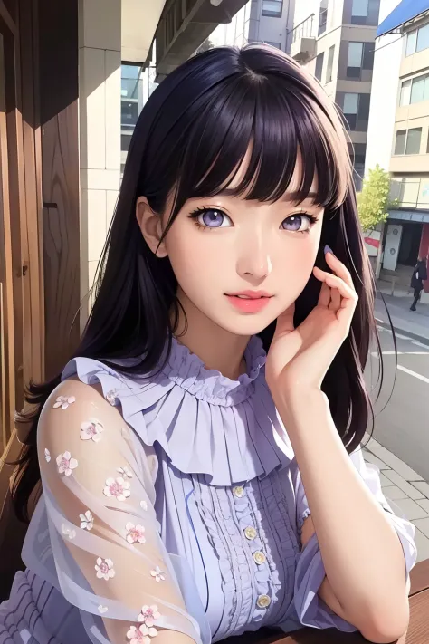 (masterpiece),(best quality:1.0), (ultra highres:1.0), detailed illustration, portrait, detailed,1 girl, detailed frilled clothes, detailed beautiful skin, face focus, in street, spring, flowers in  balcony,Blunt Bangs, purple eyes, medium dark blue hair