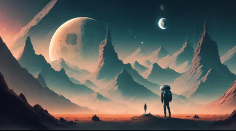 a man with a cap, standing in front of an alien landscape of mountains, rocks and the moon, christopher baraskas, with a split d...