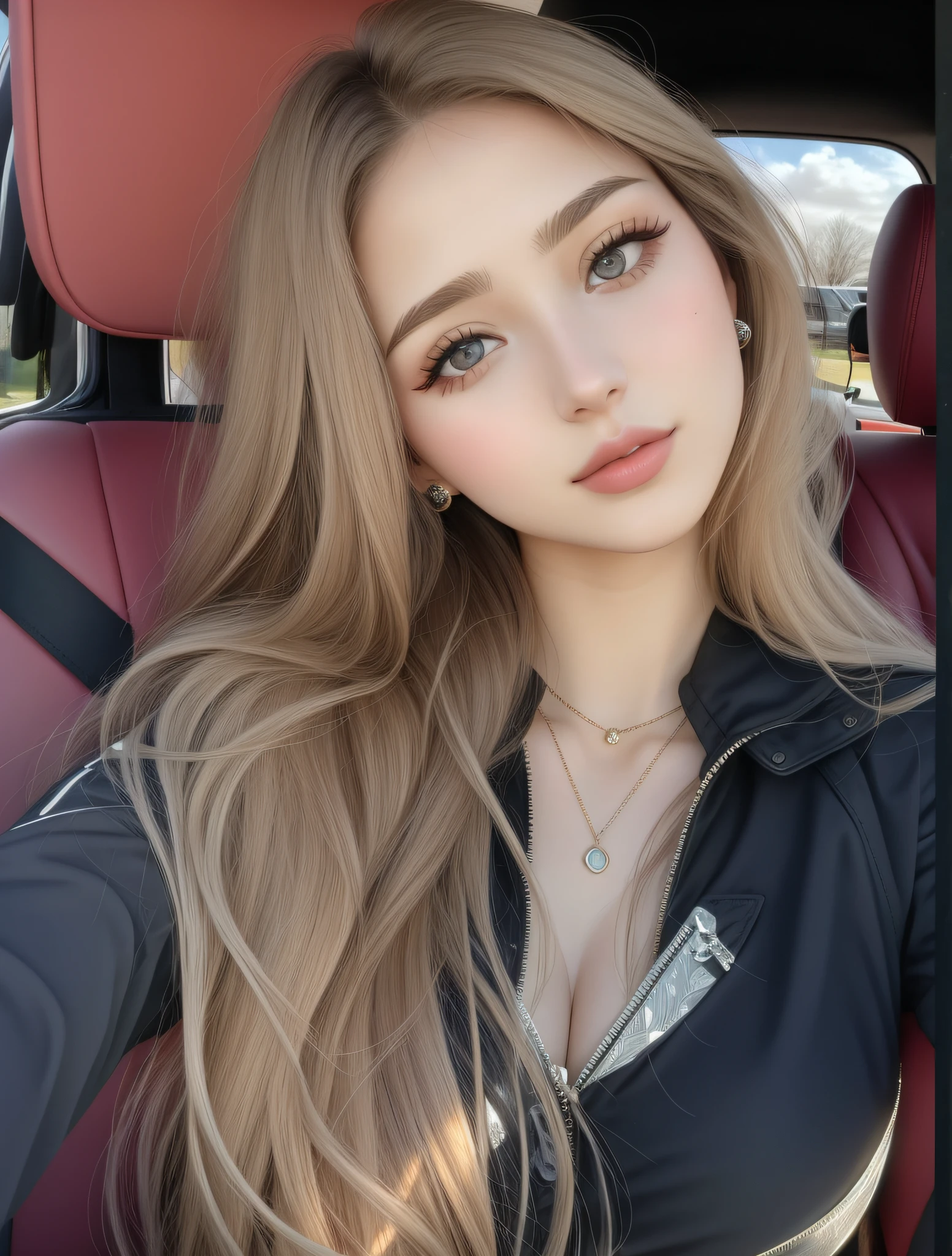 A woman with long blonde hair sitting in a car - SeaArt AI