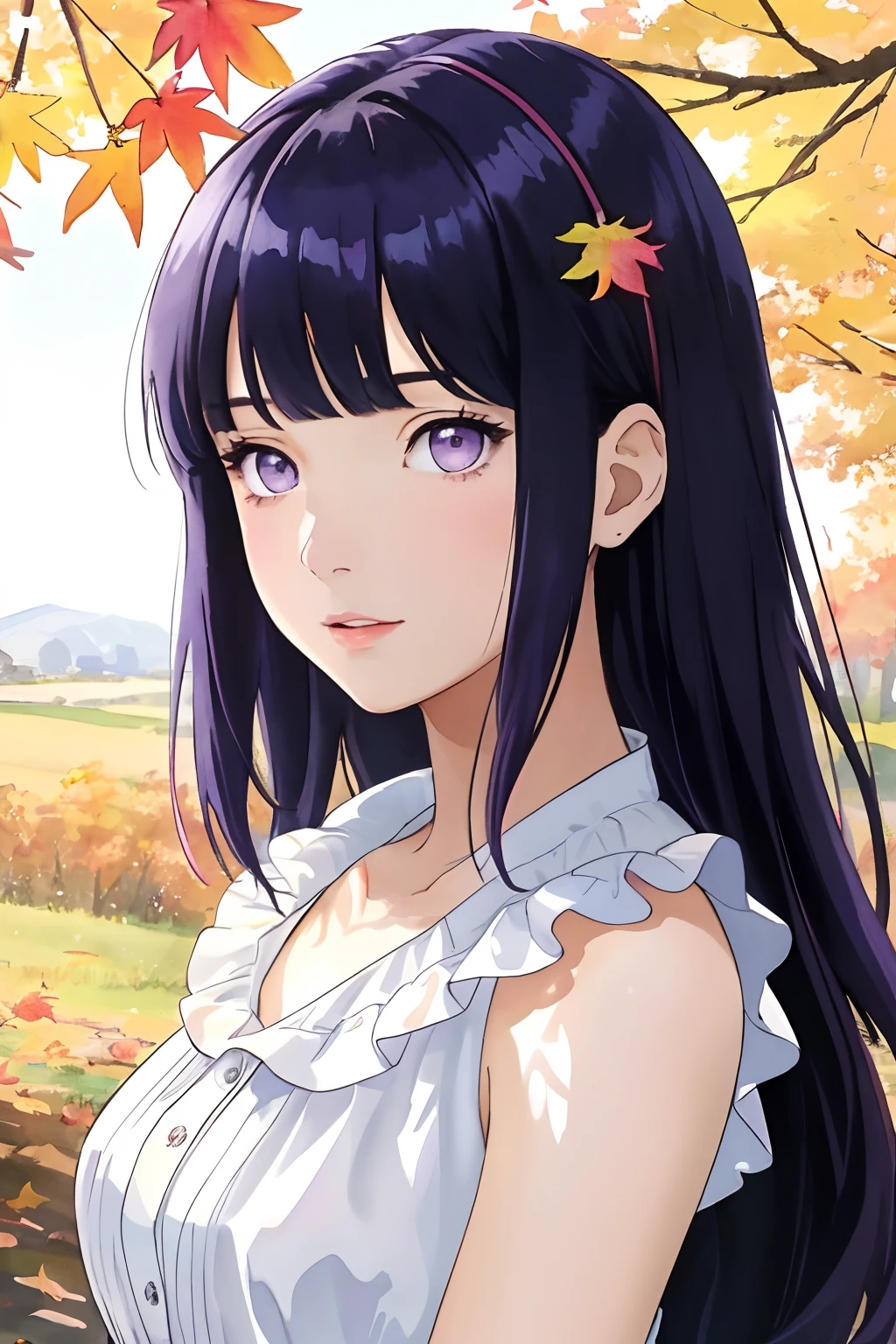 (8K, Best Quality, Masterpiece: 1.2), (Best Quality: 1.0), (Ultra High Definition: 1.0), Watercolor, Beautiful Woman, Shining Eyes, Shoulders, Hair Ribbon, Agnes Cecil, Half-Body Portrait, Very Bright Bright Design, Pastel Colors, (Ink: 1.3), Autumn Light,Blunt Bangs, purple eyes, long dark blue hair