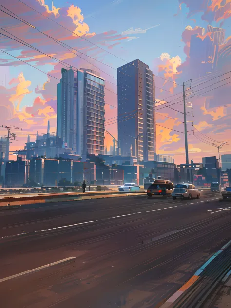 cars are driving down the road in front of tall buildings, buildings in the distance, building in the distance, view from across the street, skyscrapers in the background, tall buildings in background, lots of building, tall buildings on the sides, skyscra...