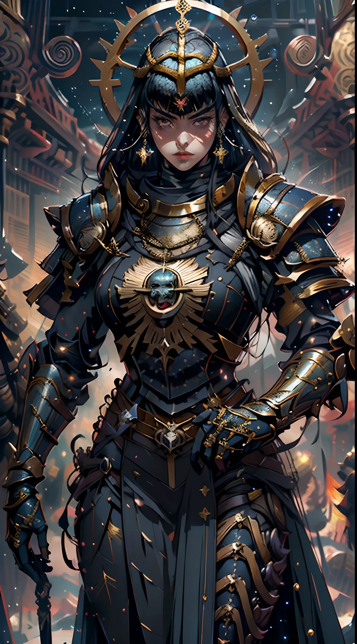 Inspired in anime the "Saint Seiya" universe. The scene features a (stunning sexy and beautiful girl, (female Knight of the Zodiac), specifically (representing the Pisces sign), She is wearing her lustrous metal armored , which is colored in shades of black, gold and Blue and is (designed in a style that reflects her Zodiac sign details). (The background is a dramatic battlefield) or a significant ancient Greece location from the series. (hyper-realistic), (each detail of the Knight and her Cloth with precision). should be dynamic and engaging, capturing the essence of the character and her Zodiac sign in to saint Seiya styled , masterpiece, insanely detailed, vibrantly, powerful energy aura