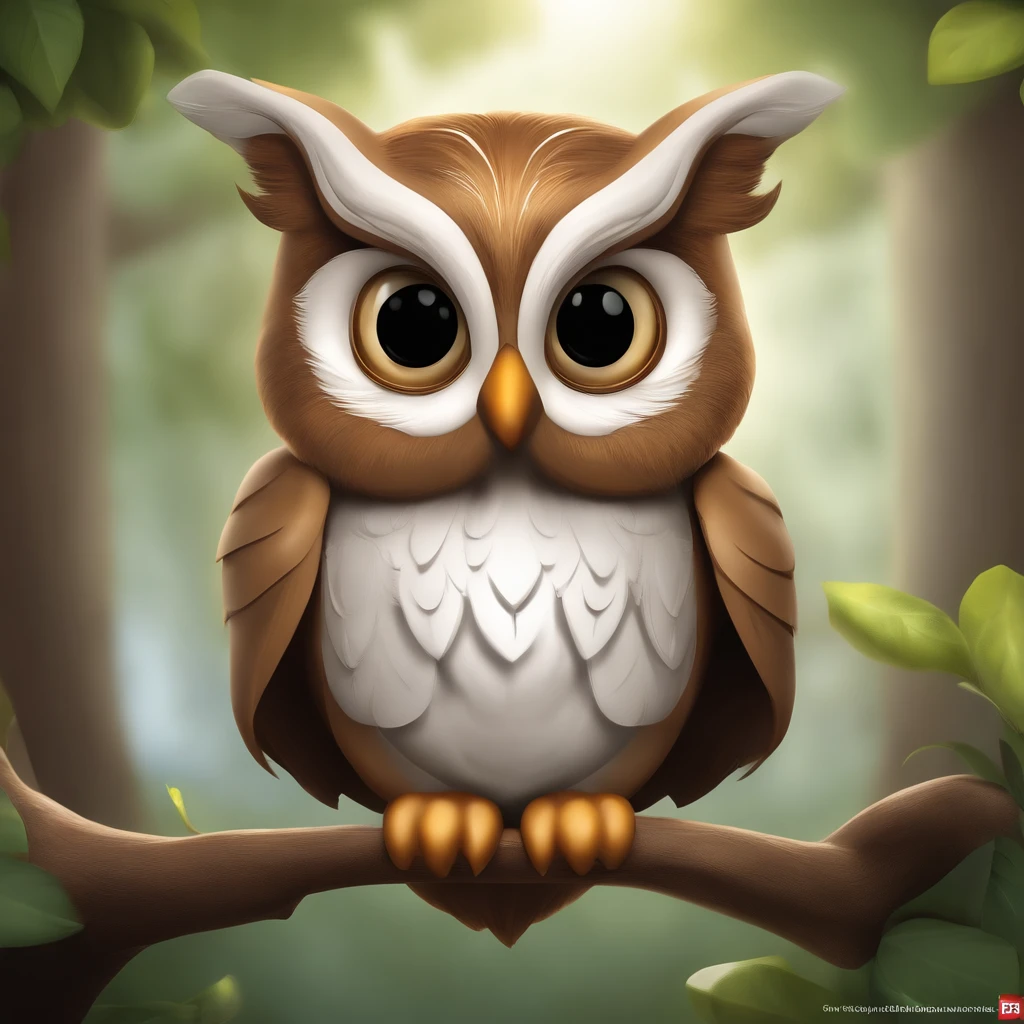 Cartoon owl sitting on a branch in a forest - SeaArt AI