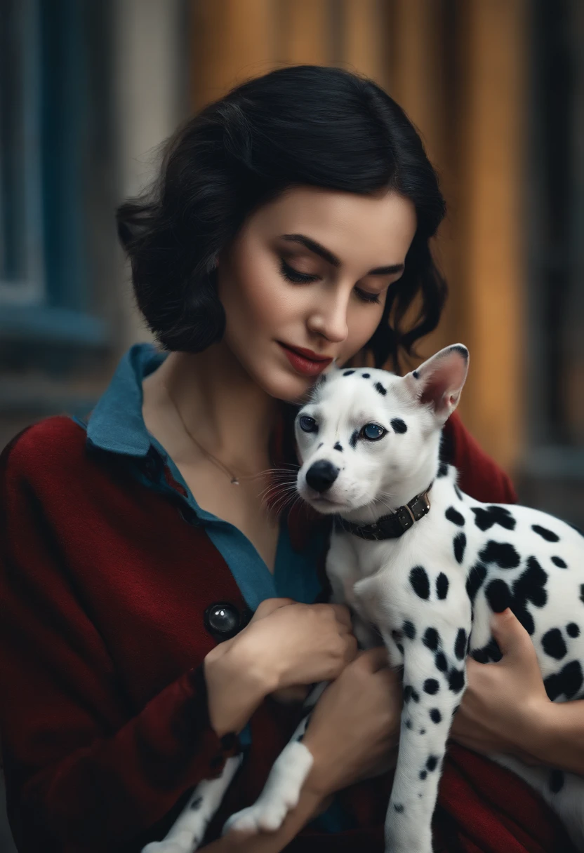 High detail, Clarity, A girl with short hair，With a small English short blue cat，and a large Dalmatian