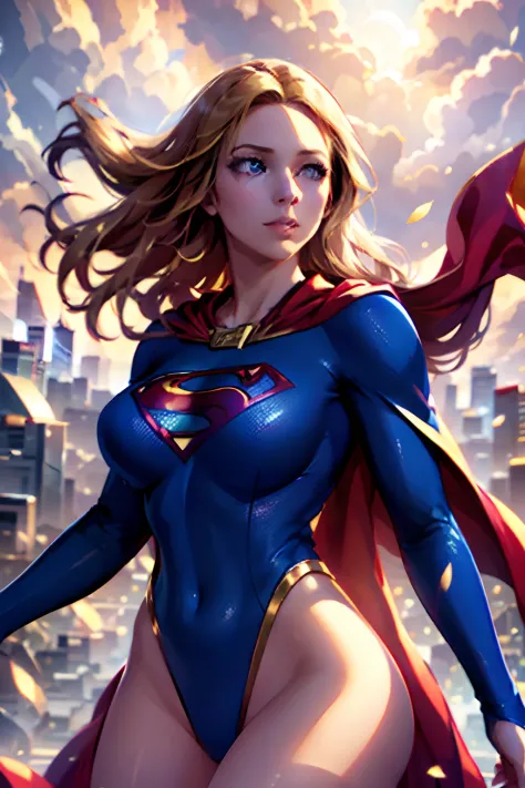 best quality, ultra-detailed, realistic, vivid colors, HDR, studio lighting, beautiful detailed eyes, beautiful detailed lips, extremely detailed face, long eyelashes, young girl, flying in the sky, large cape, bright blue costume, golden hair flowing in t...