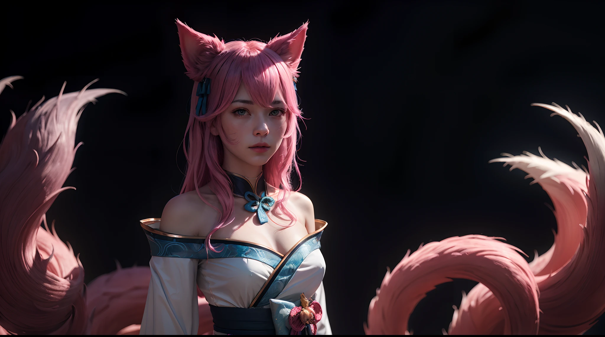 (masterpiece, best quality), intricate detail, ah4, pink hair, facial mark, multiple tails, fox tail, japanese clothes, bare shoulders, 1 girl, solo, portrait, lookin at viewer, cinematic, dark atmosphere, dark fire background, volumetric lighting, upper body, black background