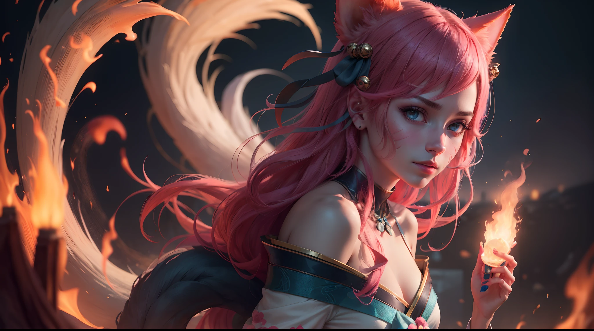 (masterpiece, best quality), intricate detail, ah4, pink hair, facial mark, multiple tails, fox tail, japanese clothes, bare shoulders, 1 girl, solo, portrait, lookin at viewer, cinematic, dark atmosphere, dark fire burning background, volumetric lighting, upper body, black background